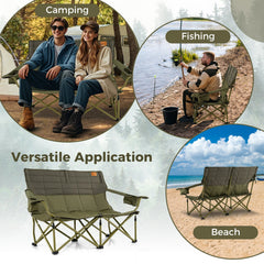 Oversized Camping Chair Folding Loveseat Camping Couch with Cup Holders & Thick Padding-Green