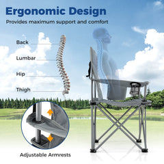 Oversized Camping Chairs Outdoor Folding Chair with Cooler Pouch and Cup Holder-Gray