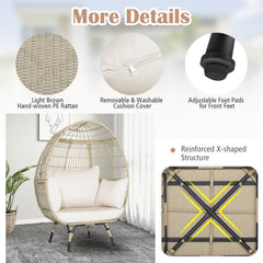 Oversized Wicker Egg Lounge Chair with 43 in Opening and 4 Cushions, Light Brown