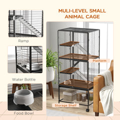 Rolling Small Animal Cage 34"H Chinchilla Cage for Ferrets, Squirrels w/ Removable Tray, Storage Shelf, Black