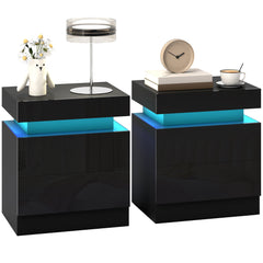 Nightstand Set of 2, End Side Tables with LED Lights, Bedside Tables with 2 Drawers, for Bedroom, Black