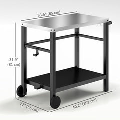 Outdoor Grill Dining Cart with Stainless Steel Tabletop, 2-Shelf BBQ Movable Pizza Oven Stand with Wheels, Charcoal Grey