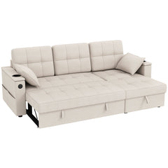Convertible Sectional Sofa Bed, Pull Out Sleeper Sofa Couch with USB‑A+C, Chaise Storage, L-Shaped Futon Couch, Beige