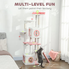 65 Inch Cat Tree with 2 Doors Condos, Plush Top Perch, Hammock, Sisal Scratching Posts, 4 Pompoms, Ramp, Grey