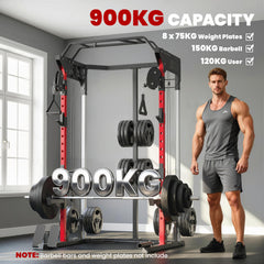 Power Cage, Power Rack with Adjustable Cable Pulley System, Pull-Up Bar, Dip Station, Landmine