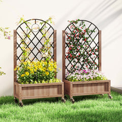 Raised Garden Bed with Metal Trellis, Elevated Planter Box with Wheels and Drainage Holes, 20.5" x 9.8" x 38.2", Brown