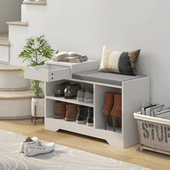 Upholstered Shoe Storage Bench, Hallway Shoe Storage with Seat, Drawer, 3 Open Shelves for Entryway, Grey