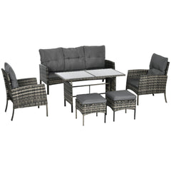 6-Piece Outdoor Patio Furniture Set with Chairs, Ottomans, Sofa, Glass Top Coffee Table and Cushions, Wicker Rattan Conversation Set for Backyard and Porch, Grey