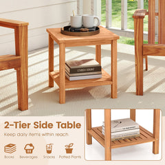 Patio Acacia Wood Side Table with Slatted Tabletop and Storage Shelf