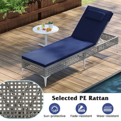 Wicker Chaise Lounge with 6 Level Backrest, Headrest and Cushion, Navy