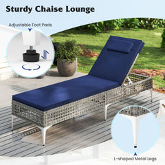 Wicker Chaise Lounge with 6 Level Backrest, Headrest and Cushion, Navy