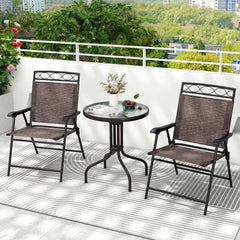 3 Piece Folding Bistro Dining Set, 2 Sling Chairs Rated 330 lb at 9.5 lb Each and 24 in Rippled Glass Table with 1.57 in Umbrella Hole