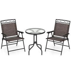 3 Piece Folding Bistro Dining Set, 2 Sling Chairs Rated 330 lb at 9.5 lb Each and 24 in Rippled Glass Table with 1.57 in Umbrella Hole