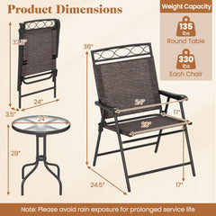 3 Piece Folding Bistro Dining Set, 2 Sling Chairs Rated 330 lb at 9.5 lb Each and 24 in Rippled Glass Table with 1.57 in Umbrella Hole
