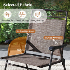 3 Piece Folding Bistro Dining Set, 2 Sling Chairs Rated 330 lb at 9.5 lb Each and 24 in Rippled Glass Table with 1.57 in Umbrella Hole