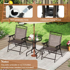 3 Piece Folding Bistro Dining Set, 2 Sling Chairs Rated 330 lb at 9.5 lb Each and 24 in Rippled Glass Table with 1.57 in Umbrella Hole