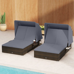 Double Chaise Lounge with Retractable Canopy and Two Backrests, Dark Gray
