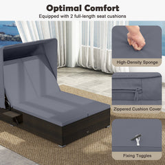 Double Chaise Lounge with Retractable Canopy and Two Backrests, Dark Gray
