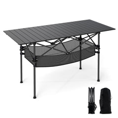 Patio Folding Camping Table with Roll-up Tabletop and Mesh Basket-Black