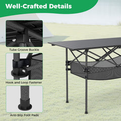 Patio Folding Camping Table with Roll-up Tabletop and Mesh Basket-Black
