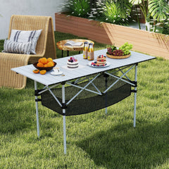 Patio Folding Camping Table with Roll-up Tabletop and Mesh Basket-Silver