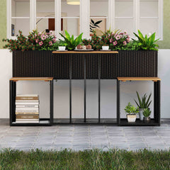 Patio Furniture Set with Raised Garden Bed, Acacia Topped Bar Table and 2 Stools with Built In Storage