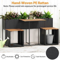 Patio Furniture Set with Raised Garden Bed, Acacia Topped Bar Table and 2 Stools with Built In Storage