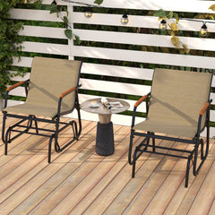 Patio Glider Chair Set of 2 with Curved Teak Armrests and Breathable Fabric Seat-Brown