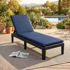 Outdoor Resin Chaise Lounger with Navy Cushion and 4 Position Backrest