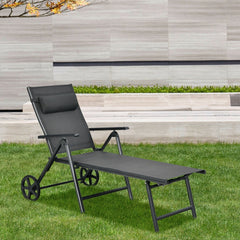 Folding Aluminium Lounge Chair with Wheels, Neck Pillow and 7 Positions
