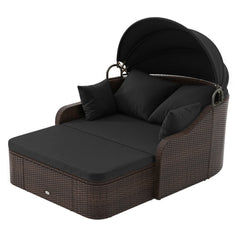 PE Rattan Daybed with Retractable Canopy and Separate Ottoman, Black