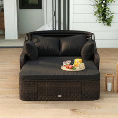 PE Rattan Daybed with Retractable Canopy and Separate Ottoman, Black