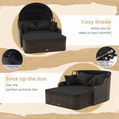 PE Rattan Daybed with Retractable Canopy and Separate Ottoman, Black
