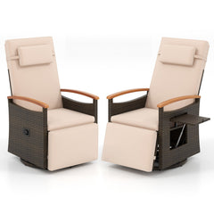 Wicker Swivel Recliner with Headrest, Footrest and Fold Out Table, Beige
