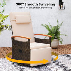 Wicker Swivel Recliner with Headrest, Footrest and Fold Out Table, Beige