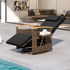 Wicker Swivel Recliner with 150 Degree Backrest, Footrest and Fold Out Side Table, Black