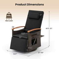 Wicker Swivel Recliner with 150 Degree Backrest, Footrest and Fold Out Side Table, Black
