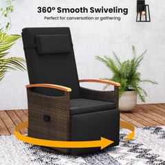 Wicker Swivel Recliner with 150 Degree Backrest, Footrest and Fold Out Side Table, Black