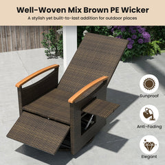 Wicker Swivel Recliner with 150 Degree Backrest, Footrest and Fold Out Side Table, Black