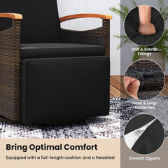 Wicker Swivel Recliner with 150 Degree Backrest, Footrest and Fold Out Side Table, Black