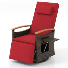 Wicker Swivel Recliner with 400 lb Capacity, Footrest and Arm Table, Red