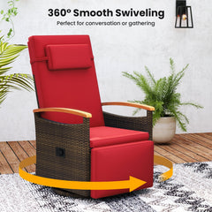 Wicker Swivel Recliner with 400 lb Capacity, Footrest and Arm Table, Red