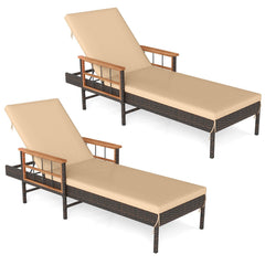 Set of 2 Wicker Chaise Lounges with Acacia Armrests and 4 Level Backrests, Beige