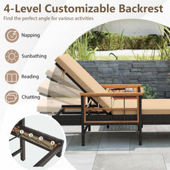 Set of 2 Wicker Chaise Lounges with Acacia Armrests and 4 Level Backrests, Beige