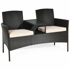 Wicker Patio Loveseat with Built In Center Table and Cushions, Beige