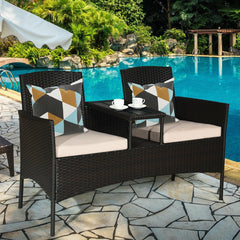 Wicker Patio Loveseat with Built In Center Table and Cushions, Beige