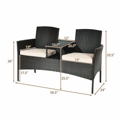 Wicker Patio Loveseat with Built In Center Table and Cushions, Beige