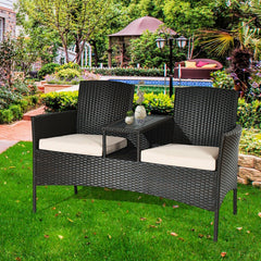 Wicker Patio Loveseat with Built In Center Table and Cushions, Beige