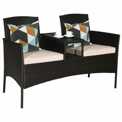 Wicker Patio Loveseat with Built In Center Table and Cushions, Beige