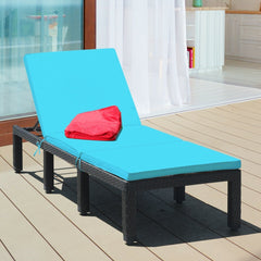 Rattan Lounge Chair with Turquoise Cushion and Adjustable Backrest, 77 in